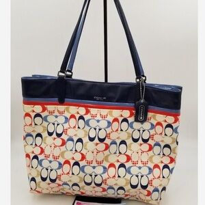 Coach Rare Navy Leather & White
Coated Canvas w/Red/Blue/Beige Large Tote w/COA